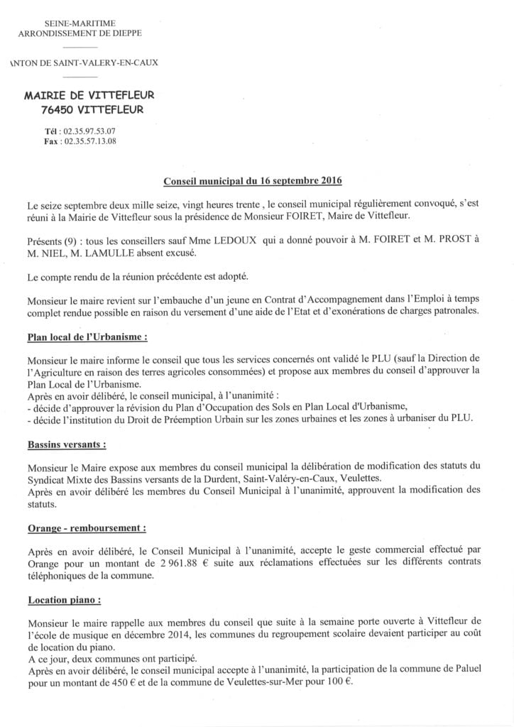 Compte Rendu Du Conseil Municipal De Septembre Vittefleur