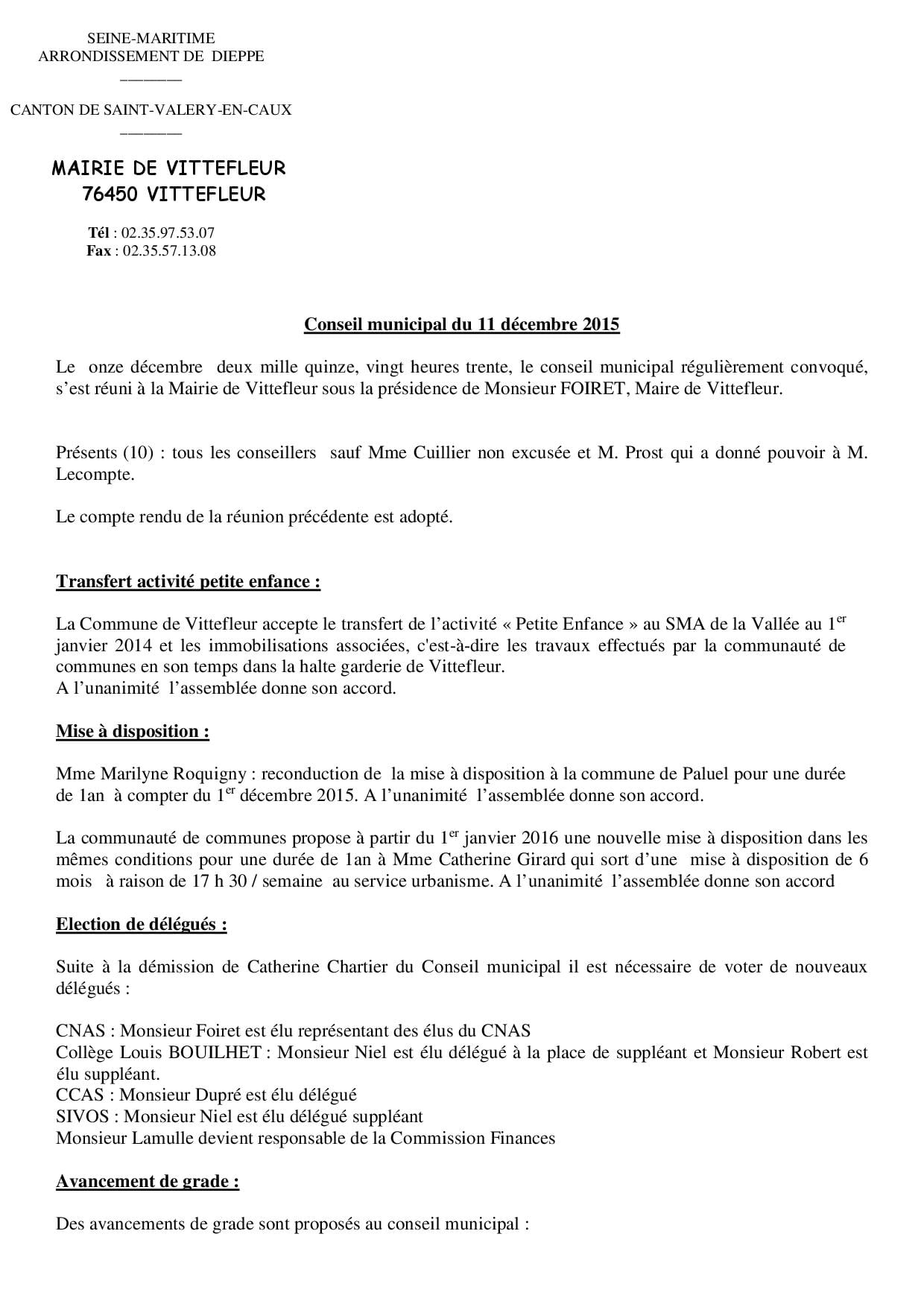 Compte rendu du conseil municipal décembre 2015 Vittefleur